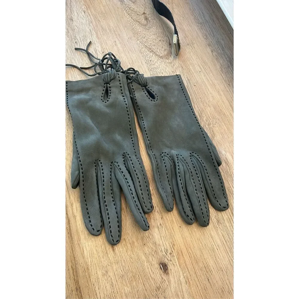 Hermes vintage lambskin suede gray width stitching gloves winter S
